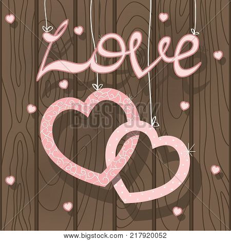 Pink hearts on wooden background. Love concept. Wedding decoration