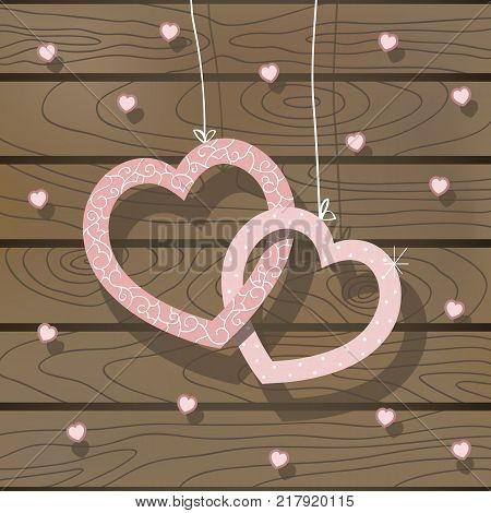 Pink hearts threads on wooden background. Vector wedding decoration on love concept