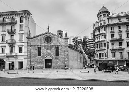 Lugano Switzerland - May 28 2016: The front of the Santa Maria degli Angioli church at Lugano - Lugano Lake Lugano Lugano Ticino Switzerland Europe. Black and white photography.