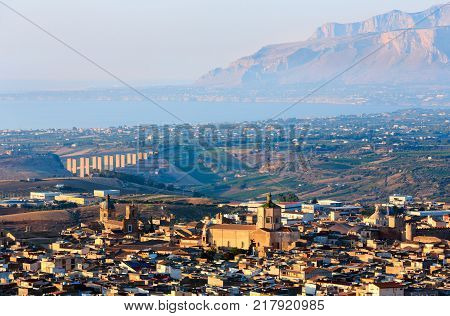 Evening Alcamo Town And Sea Bay, Sicily, Italy