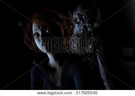 3d illustration,Girl is being panic of mythical creature from her nightmare
