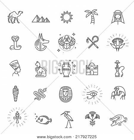 Set of vector flat design Egypt travel icons and infographics elements with landmarks and famous Egyptian symbols
