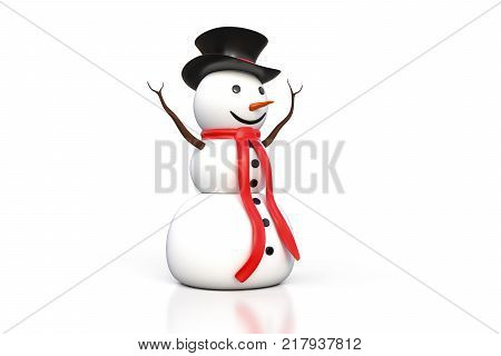 3d rendering of the snowman with black hat and red scarf isolated on white background with clipping path included.