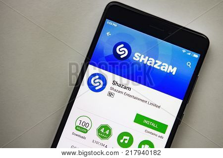 Berlin Germany - November 19 2017: Shazam application on screen modern smartphone in Play Store. Shazam app