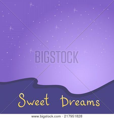 Gold handwritten text on a blue blanket against the starry sky. Vector illustration of a sweet dream in cartoon style.