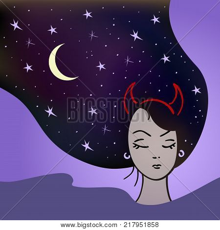 Beautiful woman with a devilish nature sleeps with stars in her hair. Vector illlustration