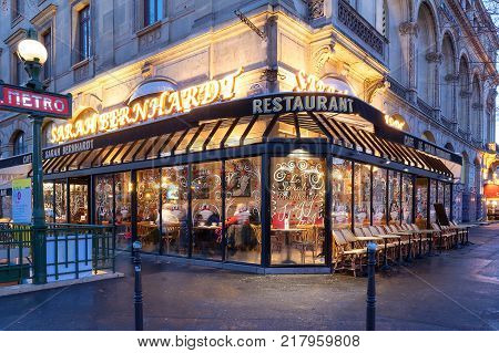Paris, France-DECEMBER 09 , 2017 : The famous French cafe Sarah Bernardt named after the famed Parisian actress and singer, located at place du Chatelet in Paris.