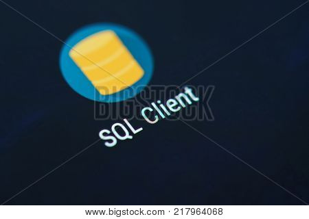 New york, USA - December 12, 2017: SQL client  application icon on smartphone screen close-up. SQL client app icon with copy space on screen
