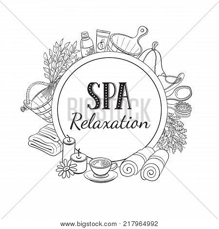 SPA relaxation poster. Sauna accessories sketches in circle shape. Hand drawn spa items collection. Doodle sauna objects isolated on white.