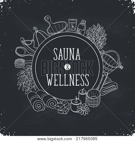 Sauna and wellness poster. Sauna accessories sketches in circle shape. Hand drawn spa items collection. Doodle sauna objects on chalkboard.