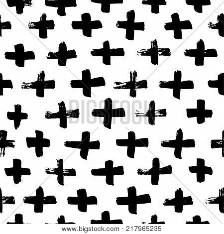 Vector seamless cross pattern. Abstract background with brush strokes. Monochrome hand drawn print. Hipster monochrome texture with crosses or pluses.