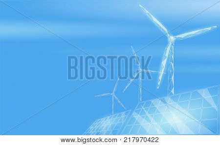 Solar panels windmills turbine generating electricity. Green ecology saving environment. Renewable power low poly polygonal geonetric blue sky design vector illustration art