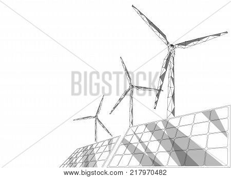 Solar panels windmills turbine generating electricity. Green ecology saving environment. Renewable power low poly polygonal geonetric abstract gray white sky design vector illustration art