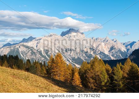 Beautiful Autumn Colors In Dolomites Mountain, Tofana Peak, Cinque Torri Mountain