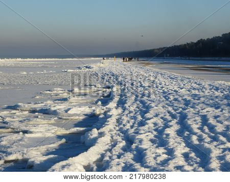 Winter day at the seashore of Riga gulf, Baltic Sea, Jurmala, Latvia.