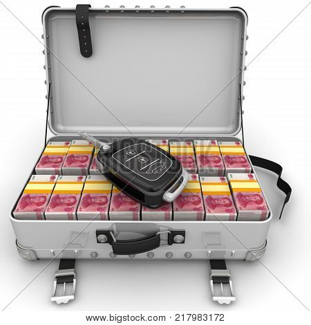 Money (Chinese yuan) to buy a car. Car key is lying on open suitcase filled with packs of Chinese banknotes (yuan). Isolated. 3D Illustration