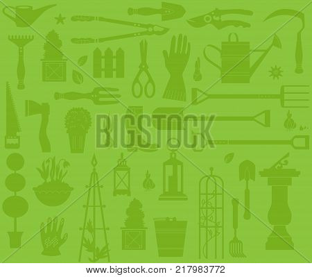 Vector set of gardening tools. Agriculture equipment for design. Silhouettes of garden items and plants. Seamless pattern.