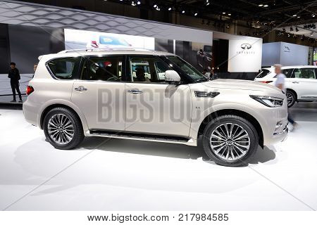 DUBAI UAE - NOVEMBER 18: The Infiniti QX 80 SUV is on Dubai Motor Show 2017 on November 18 2017