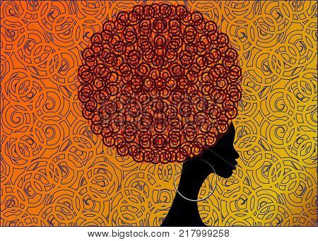 portrait African Women , dark skin female face with hair afro and ethnic traditional earrings on vector isolated or curly background , hair style concept