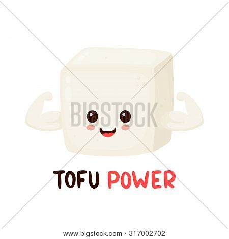Cute Happy Smiling Strong Tofu Show Muscle Biceps. Vector Flat Cartoon Character Illustration Icon D