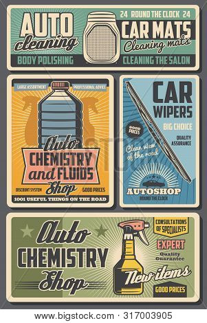 Automobile Spare Parts Autoshop And Car Accessories Vintage Posters. Vector Car Service Vehicle Mats