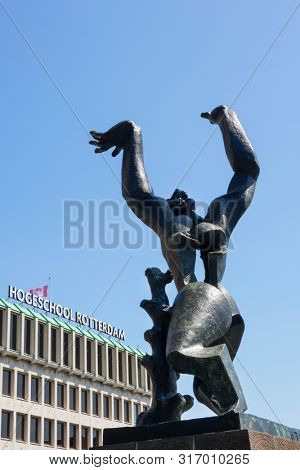 Rotterdam, Holland - July 30, 2019: Bronze memorial sculpture the Destroyed City by sculptor Ossip Zadkine on Plein 1940
