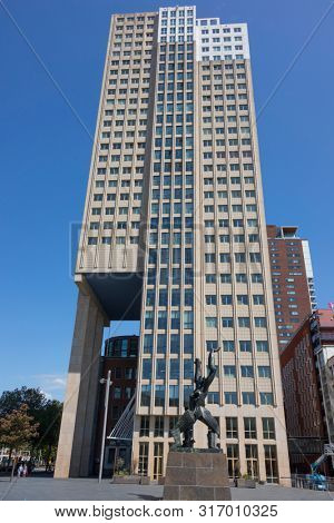 Rotterdam, Holland - July 30, 2019: Bronze memorial sculpture the Destroyed City by sculptor Ossip Zadkine on Plein 1940