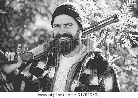 Hunter Man Holding Gun And Smile. Hunter With Long Beard On Hunt. Barbershop Vintage. Ideas About Ba