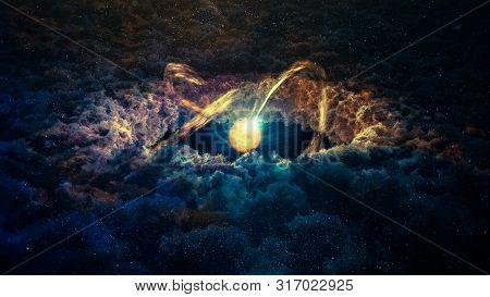 Star Surrounded By A Protoplanetary Disk And Clouds, Science Fiction Background. Elements Of This Im