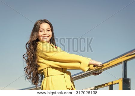 Growing Longer And Thicker Hair. Little Child With Stylish Long Brunette Hair. Fashion Look Of Hair 