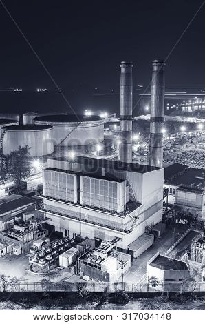 Power Plant At Night In Black And White