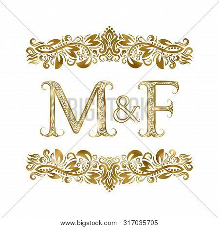 M And F Vintage Initials Logo Symbol. The Letters Are Surrounded By Ornamental Elements. Wedding Or 