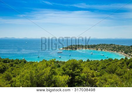 Croatia, Adriatic Coast, Panoramic View On Kosirina Beach Lagoon On Murter Island, Anchored Sailing 
