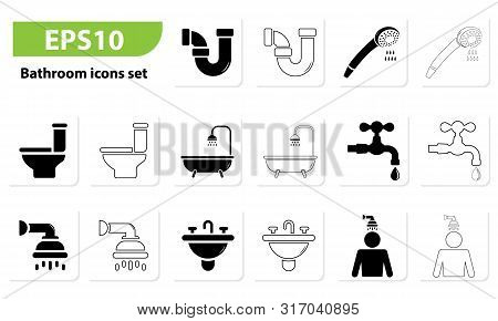 Bathroom Set Icons In Eps 10, Sanitary, Bathhub, Toilet, Shower, Clean, Water, Bath,