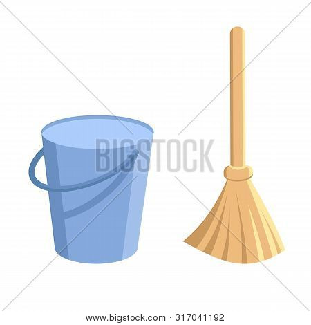 Bucket And Broom. Pail With Handle And Besom With Stick. Housework Tools For Cleaning Garbage In The