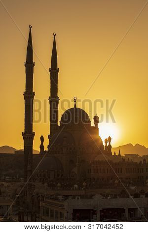 Silhouette Al-sahaba Mosque At Sunset Time In Sharm El Sheikh, Egypt. Architecture Of Al Sahaba, Al 