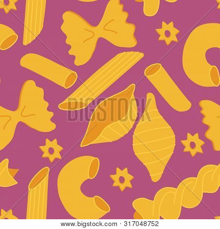 Vector Seamless Pattern Of Different Tipes Of Pasta On Pink Background
