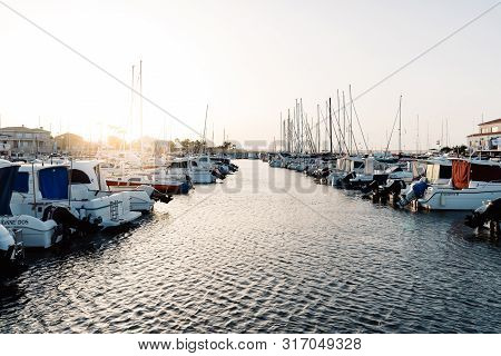 Oliva, Spain - June 23, 2019: Scenic View Of The Marina Of Oliva At Sunset.