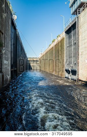 Lappeenranta, Finland - August 7, 2019: Lock On The Saimaa Canal At Malkia. View From Water.