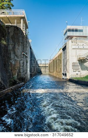 Lappeenranta, Finland - August 7, 2019: Lock On The Saimaa Canal At Malkia. View From Water.