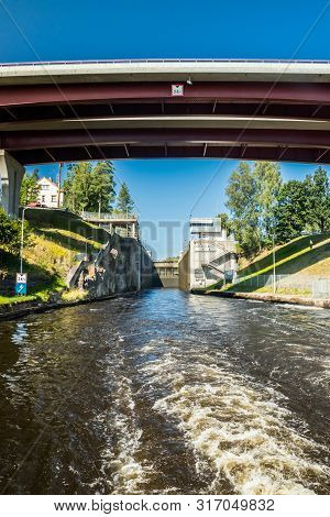 Lappeenranta, Finland - August 7, 2019: Lock And Bridge On The Saimaa Canal At Malkia. View From Wat