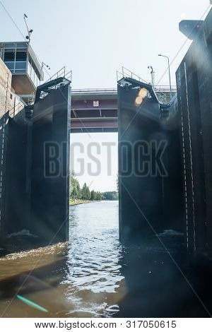 Lappeenranta, Finland - August 7, 2019: Lock On The Saimaa Canal At Malkia. View From Water.