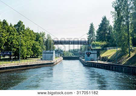 Lappeenranta, Finland - August 7, 2019: Lock On The Saimaa Canal At Malkia. View From Water.