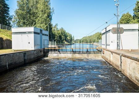 Lappeenranta, Finland - August 7, 2019: Lock On The Saimaa Canal At Malkia. View From Water.