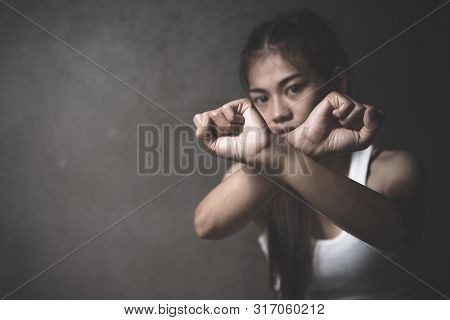 Woman Raised Her Hand For Dissuade, Campaign Stop Violence Against Woman. Stop Violence Against Wome