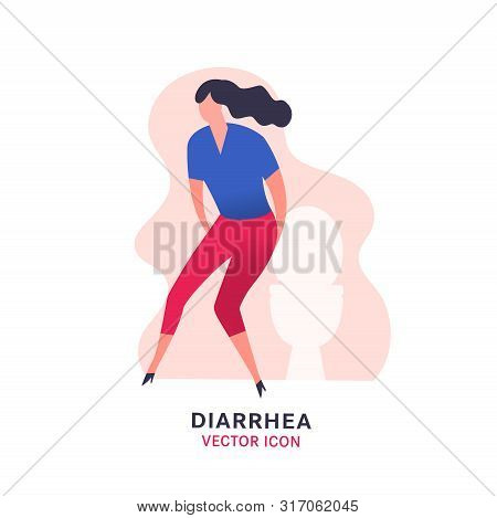Diarrhea Or Digestive Problem Vector Icon. Sick Girl Sign. Editable Illustration In Modern Flat Styl