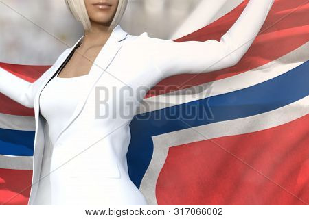 Cute Business Woman Is Holding Norway Flag In Her Hands Behind Her On The Office Building Background