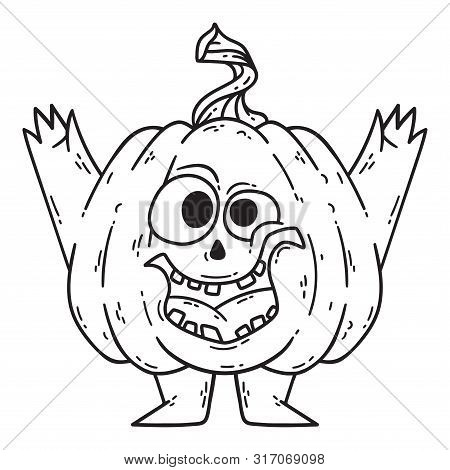 Halloween Smiling Pumpkin With Hands And Legs. Pumpkinhead Jack. Illustration Isolated On White Back