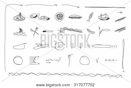 Hand Drawn Icons Elements Scetch Food Menu Arrows Line Vector