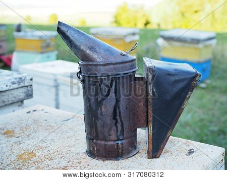 Beekeeper Smoker Smokes White Smoke. Apiary Background. Beekeeping Tool Close Up. Smoker Stands On T